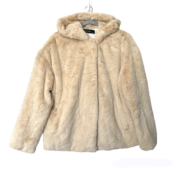 Zara Faux Fur Hooded Snap Front Beige Cream Tan Coat Size Small - Picture 3 of 10